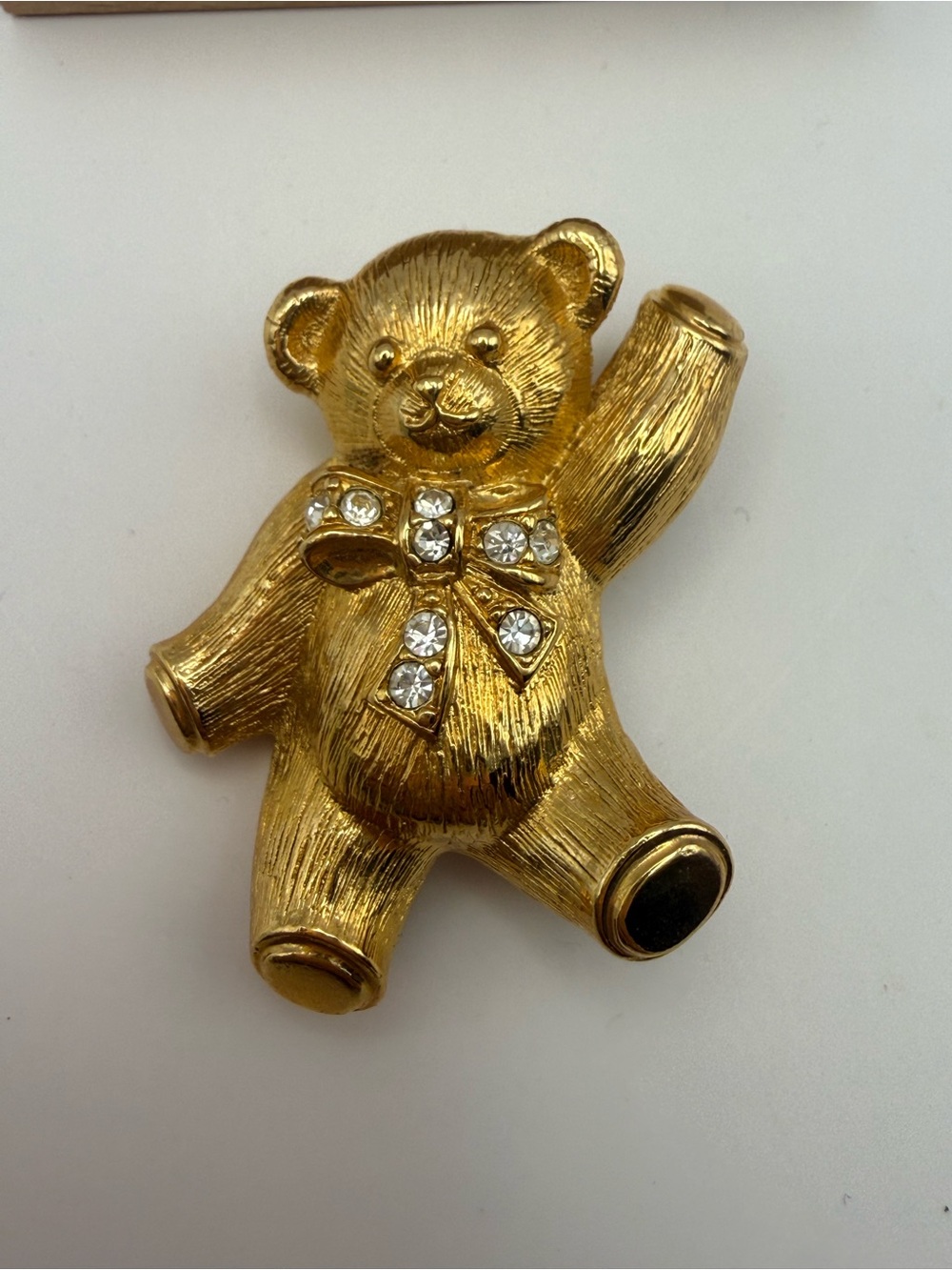 Vintage Avon Gold Tone Teddy Bear Rhinestone Bow Brooch Pin